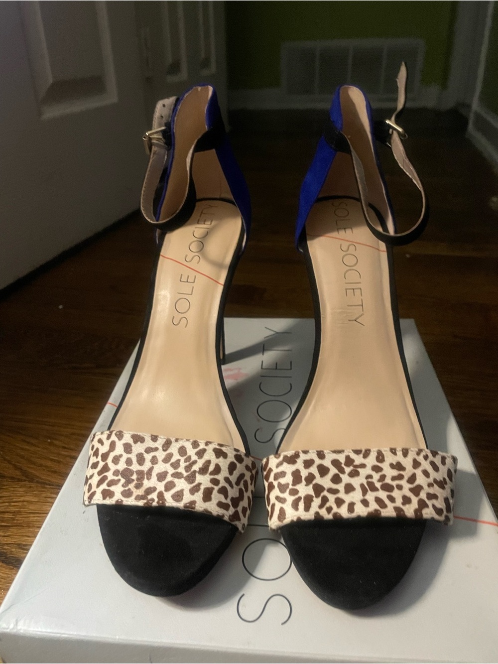 Sole Society Royal Blue Suede & Leopard-Print Ankle-Strap Heels